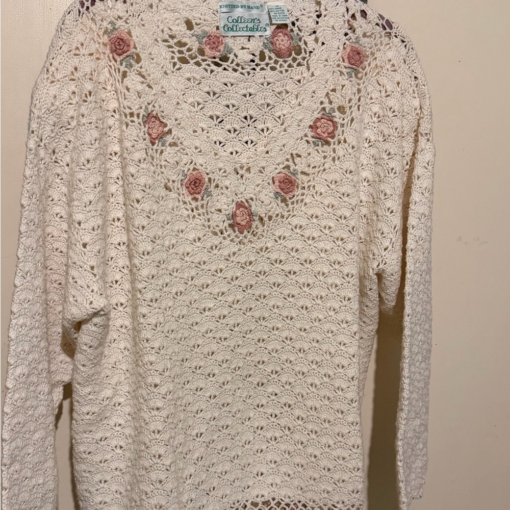 Women's Cream Crochet Sweater with Pink Rose Accents